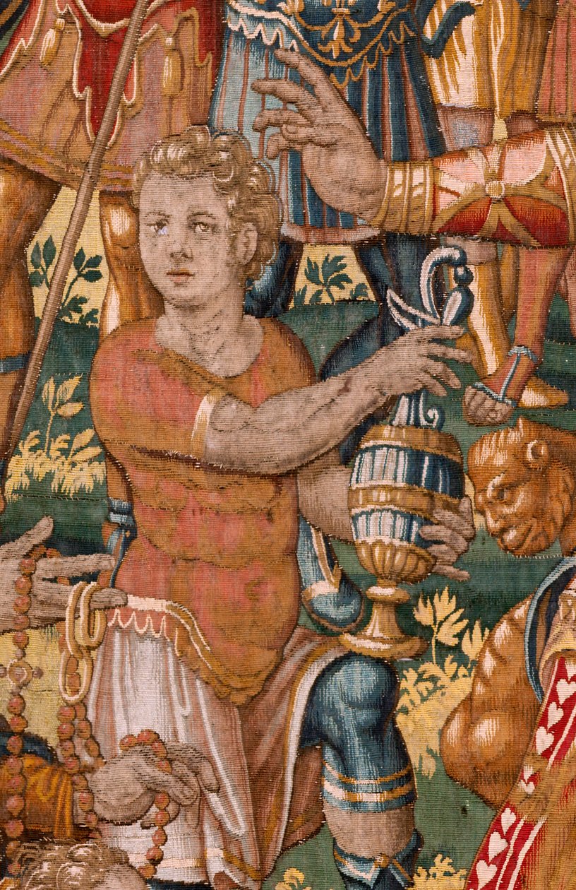 Egyházmegyei múzeum (Egyházmegyei Múzeum). Flamand kárpit. Brüsszel. François Geubels műhely. sorozat: Gideon története. Az izraeliták a zsákmány rájuk eső részét Gedeonnak adják. Selyem és gyapjú. Bisho hagyatéka alkotó: Maerten van Heemskerck