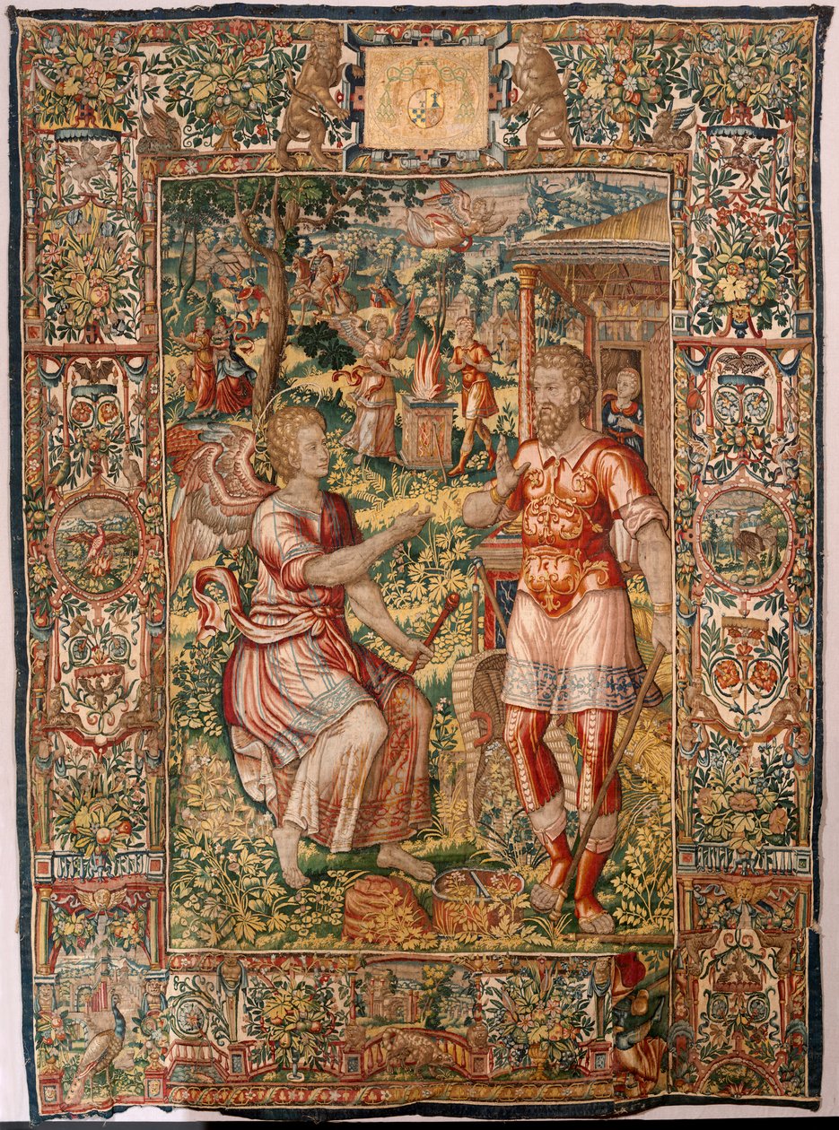 Egyházmegyei múzeum (Museo Diocesano). Flamand kárpit. Brüsszel. Atelier François Geubels. Sorozat Gideon története. Gedeon és az angyal (Gedeón y el ángel). Selyem és gyapjú. Vicente Roca de la Serna püspök hagyatéka. Barokk. 1534-1571, óta a székesegyház alkotó: Maerten van Heemskerck