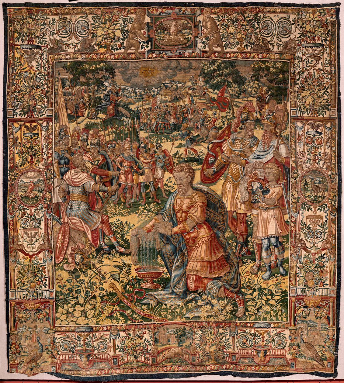 Egyházmegyei múzeum (Museo Diocesano). Flamand kárpit. Brüsszel. Atelier François Geubels. Sorozat Gideon története. A gyapjú gyapjú (Prueba del vellón de lana) csodája. Selyem és gyapjú. Vicente Roca de la Serna püspök hagyatéka. Barokk. 1534-1571, i alkotó: Maerten van Heemskerck