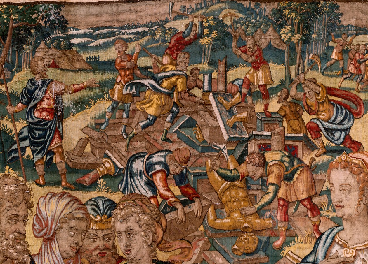 Egyházmegyei múzeum (Egyházmegyei Múzeum). Flamand kárpit. Brüsszel. François Geubels műhely. sorozat: Gideon története. Joás értesül arról, hogy Gedeon lerombolta Baal oltárát (Joás értesül arról, hogy Gedeon lebontotta Baal oltárát). Selyem és gyapjú. ha alkotó: Maerten van Heemskerck