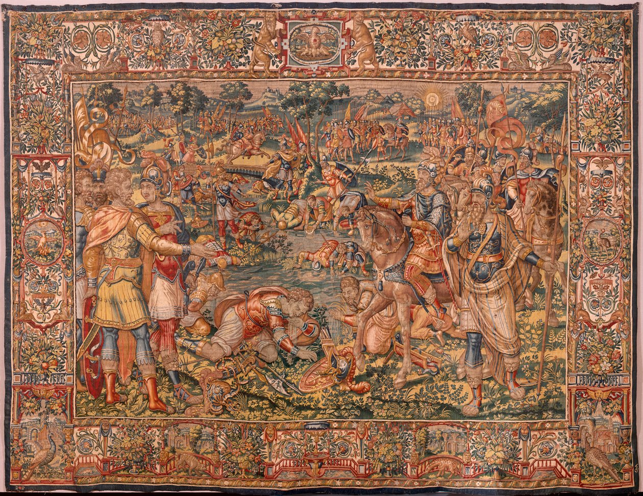 Egyházmegyei múzeum. Flamand kárpit. Brüsszel. Atelier Francois Geubels. Sorozat Gideon története. A harcosok kiválasztottak. Selyem és gyapjú. Vicente Roca de la Serna püspök hagyatéka. Barokk. 1534-1571, a c alkotó: Maerten van Heemskerck