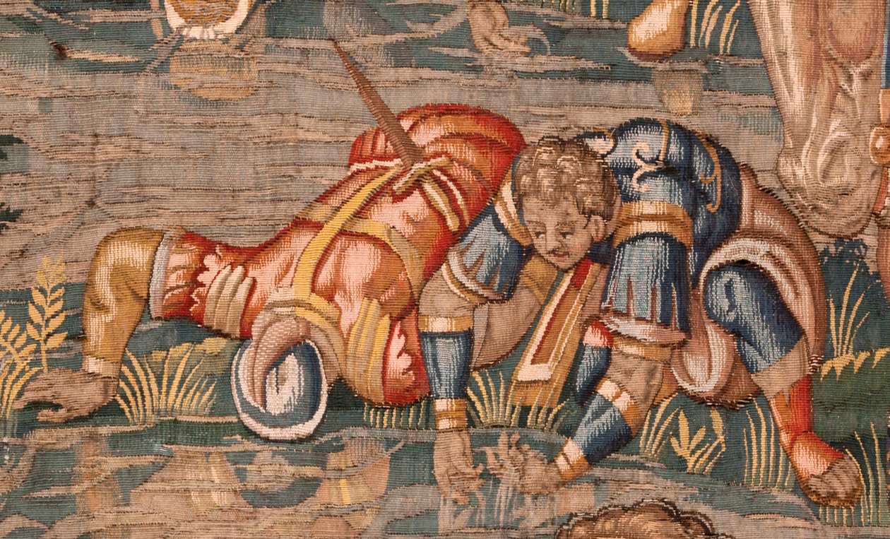 Egyházmegyei múzeum. Flamand kárpit. Brüsszel. Atelier Francois Geubels. Sorozat Gideon története. A harcosok kiválasztottak. Selyem és gyapjú. Vicente Roca de la Serna püspök hagyatéka. Barokk. 1534-1571, a c alkotó: Maerten van Heemskerck