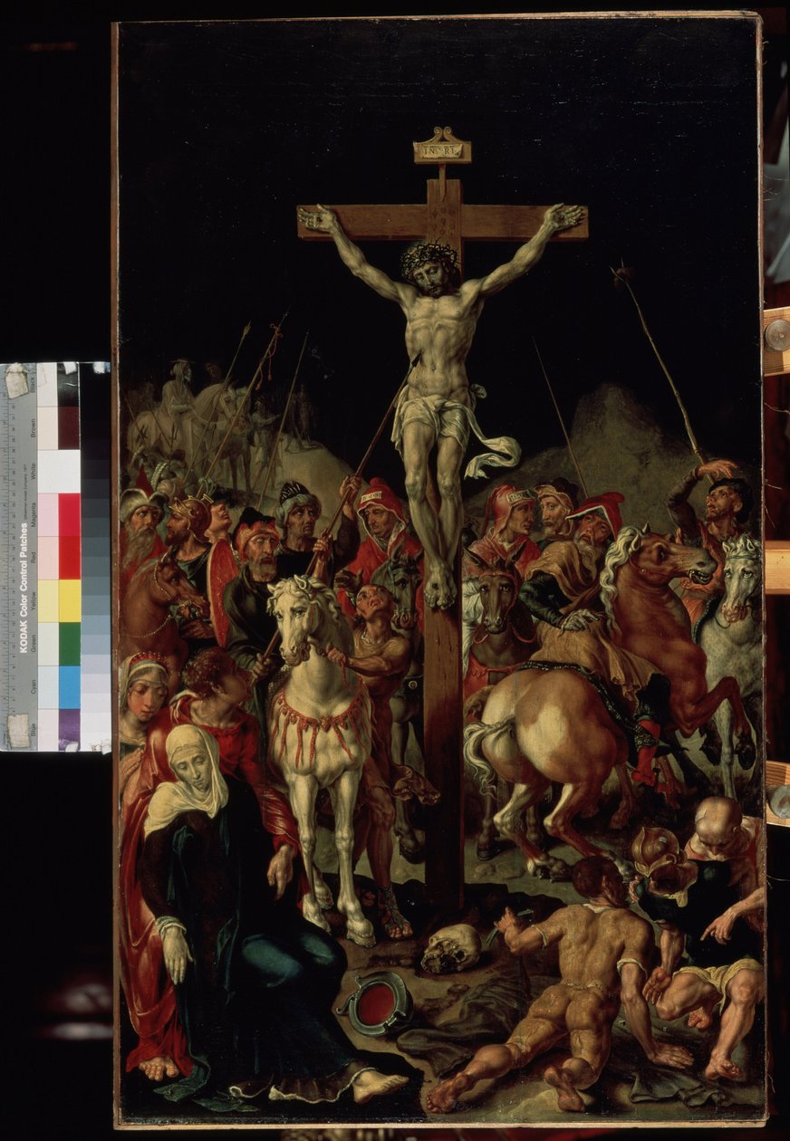 ""A kálvária"" (Kálvária) A keresztre feszítés. "INRI"" felirat a kereszten. Triptichon központi panelje. Maarten van Heemskerck (Maerten Heemskerk van Veen) (Marten, Martin) festménye (1498-1574) 1545-1550 Méret: 100,7x58,3 cm Ermitázs Múzeum, Sain alkotó: Maerten van Heemskerck