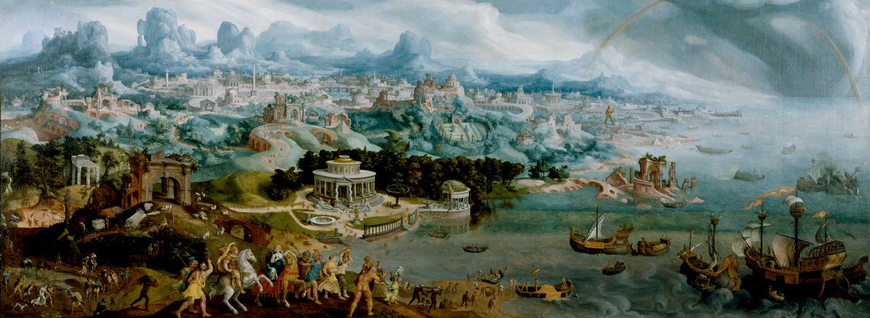 Panoráma, amelyen Hellén elrablása látható az ókori világ csodái között alkotó: Maerten van Heemskerck