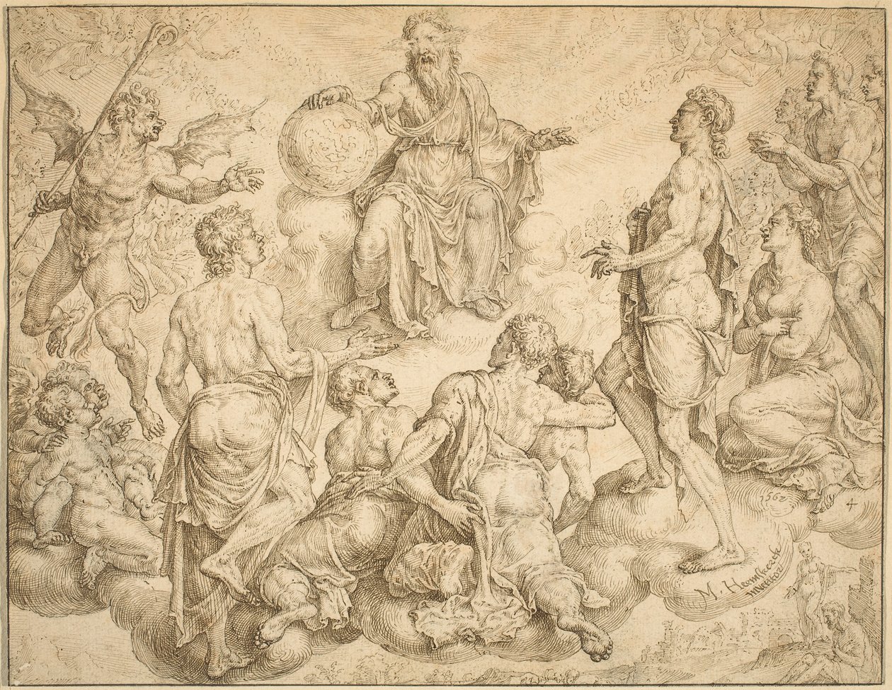 Sátán arra hívja ki Istent, hogy vonja meg védelmét Jóbtól alkotó: Maerten van Heemskerck