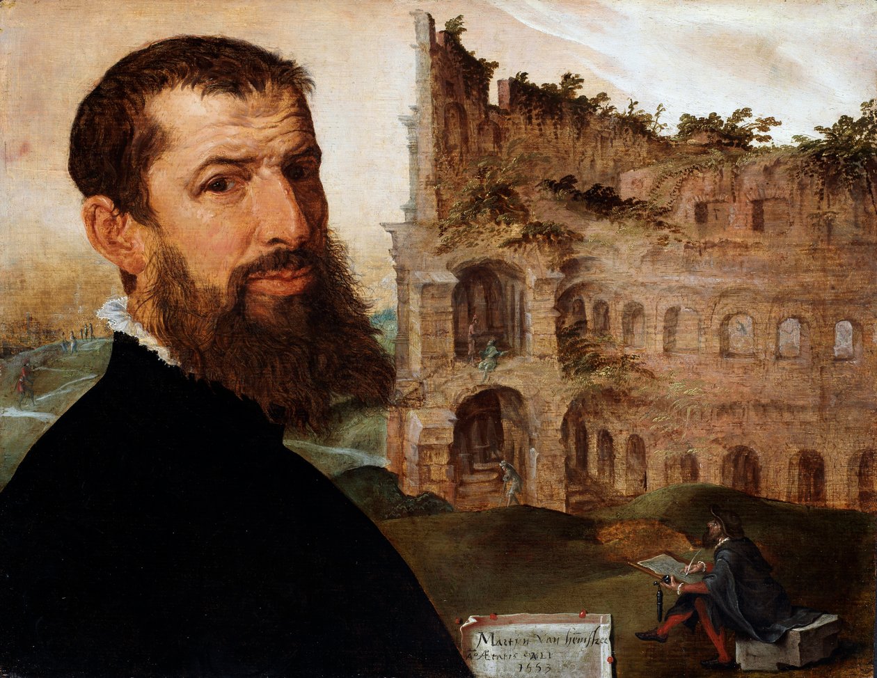 A festő önarcképe a háttérben a Colosseummal, 1553 alkotó: Maerten van Heemskerck