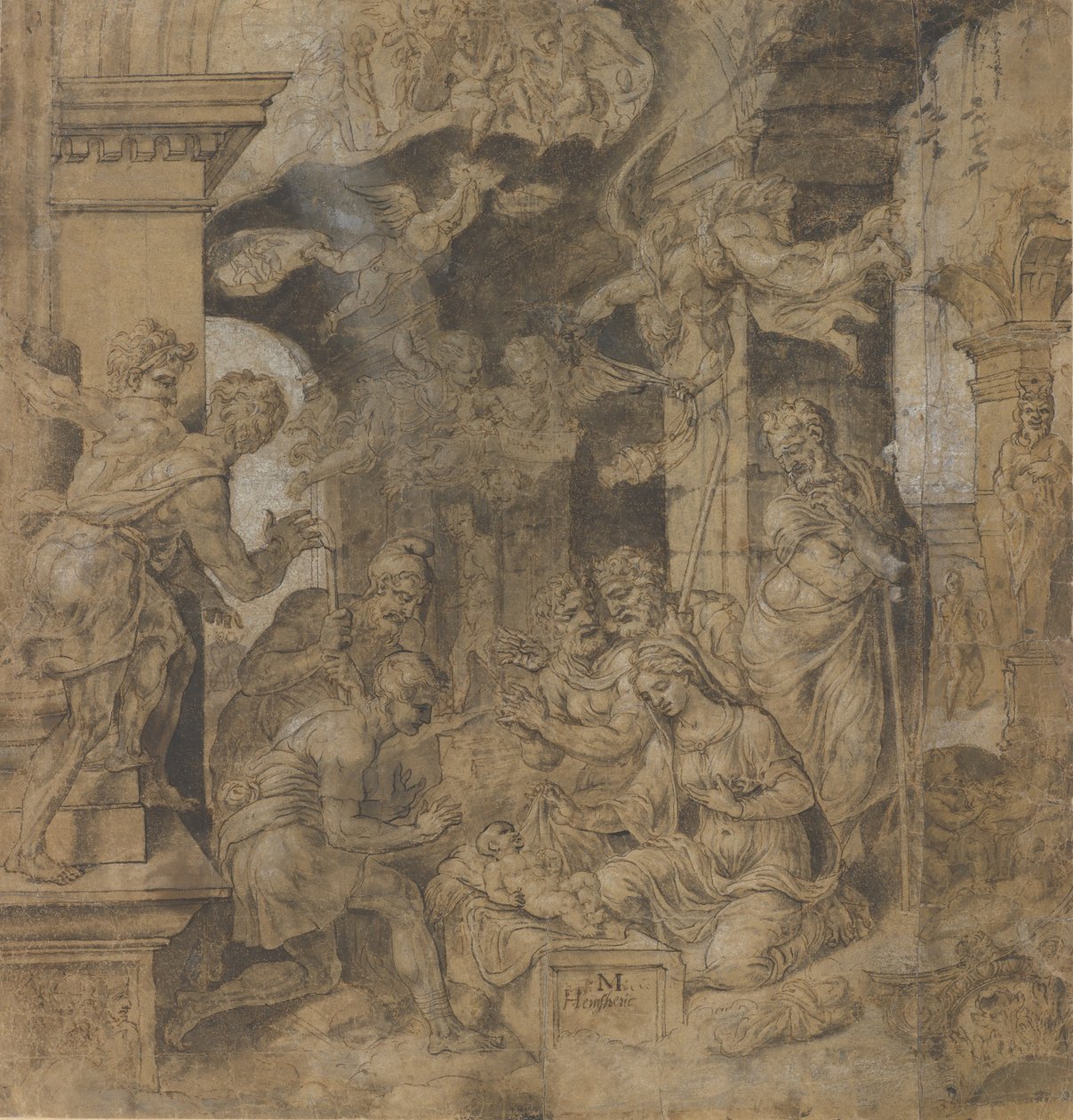 A Pásztorok imádása, verso: Vázlatok, kb. 1532-37. alkotó: Maerten van Heemskerck