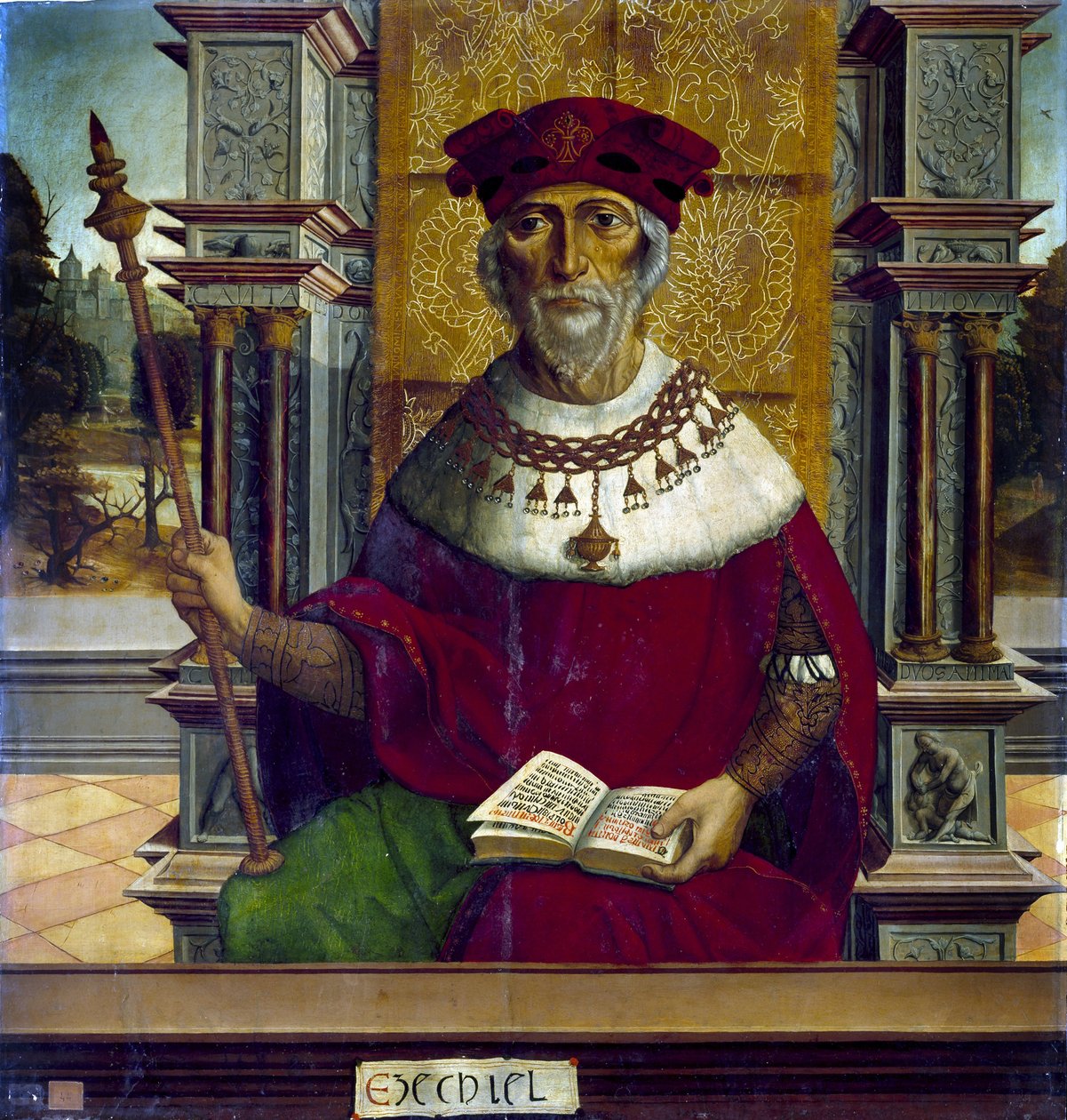 Le prophete Ezechiel – Ezékiel próféta – Becerril mesterének festménye (aktív 16. század eleje) – kb. 1525 - Olaj, fa - 90,8x87,7 cm - Prado Múzeum, Madrid alkotó: Maestro de Becerril