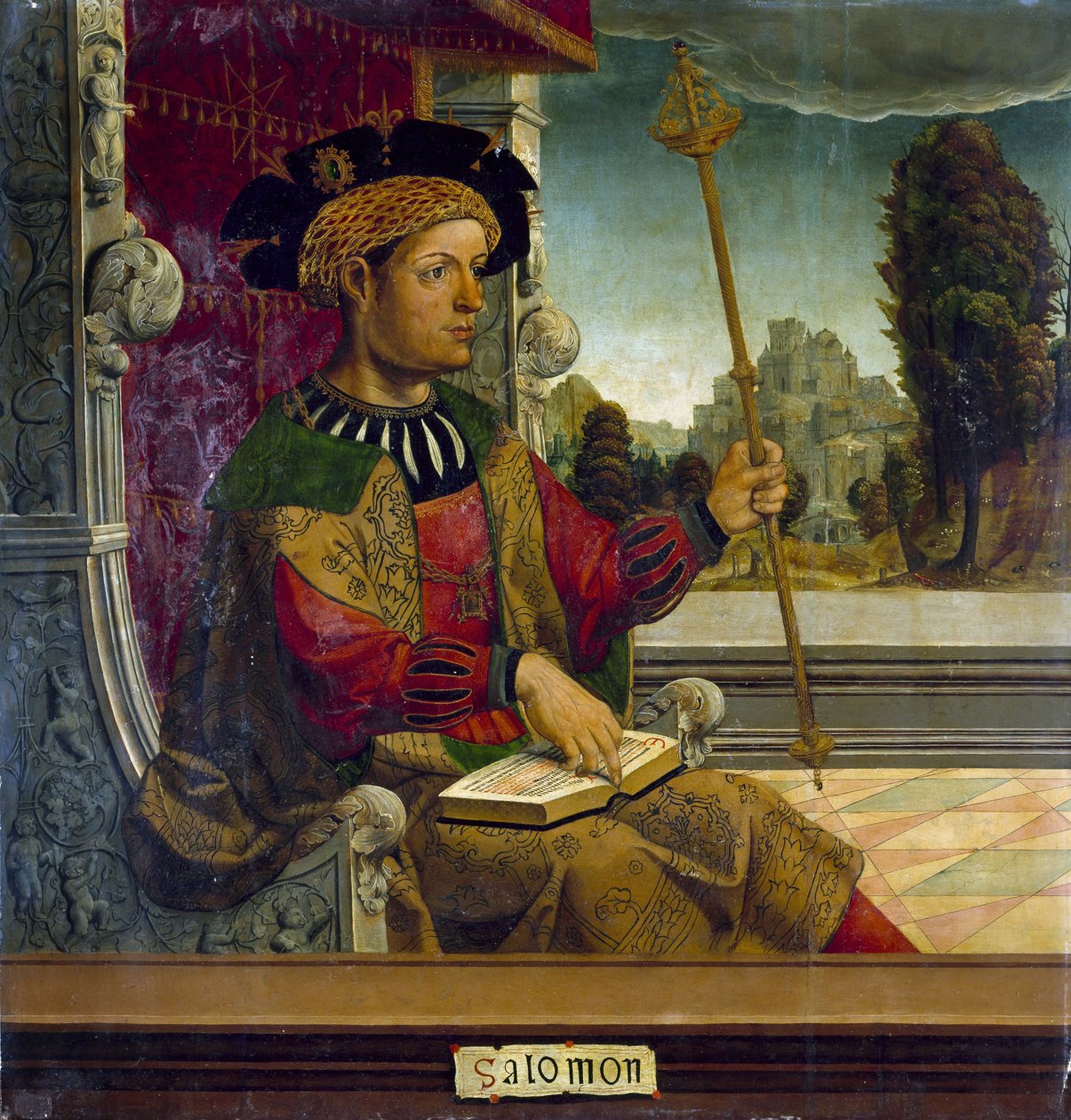 Salamon izraeli király - Salamon király - Borjúmester festészet (aktív 16. század eleje) - Kr. e. 1525 - Olaj, fa - 90,8x87,7 cm - Museo del Prado, Madrid alkotó: Maestro de Becerril