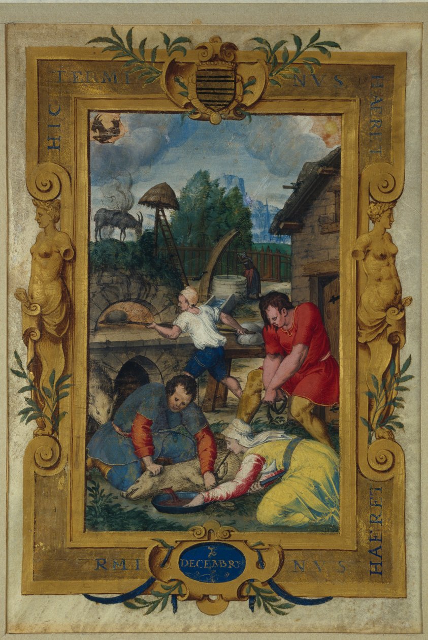 Decemberi naptár oldal, disznóvágás, órakönyvből, 1550-60 körül alkotó: Maitre des Heures de Claude Gouffier