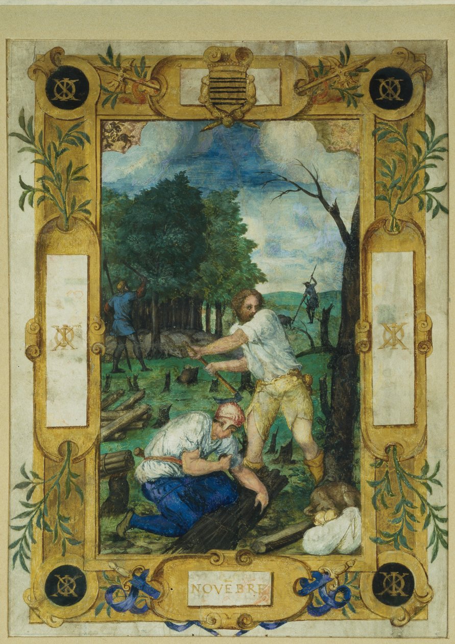 Novemberi naptár oldal, fakivágás, órakönyvből, 1550-60 körül alkotó: Maitre des Heures de Claude Gouffier