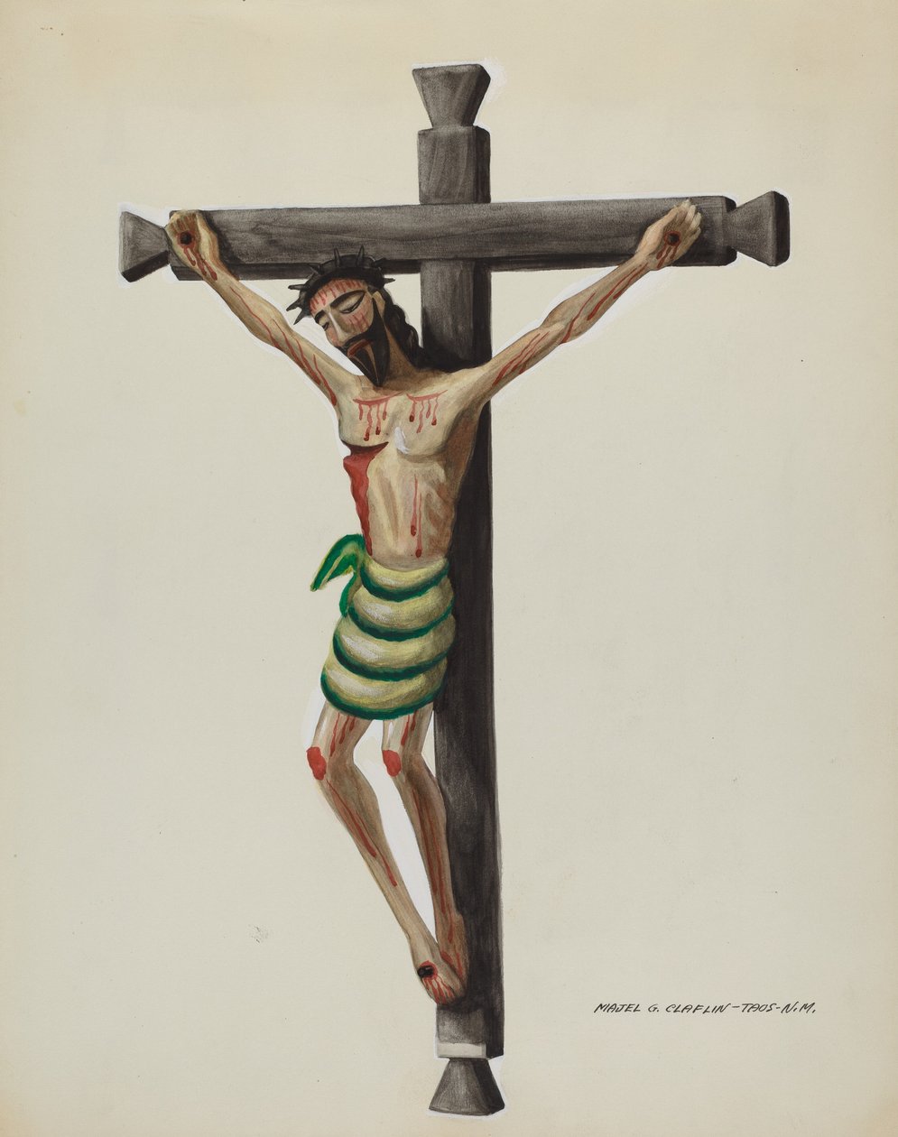 Cristo, faragott és festett, fekete faragott fakereszten, c. 1937. alkotó: Majel G. Claflin
