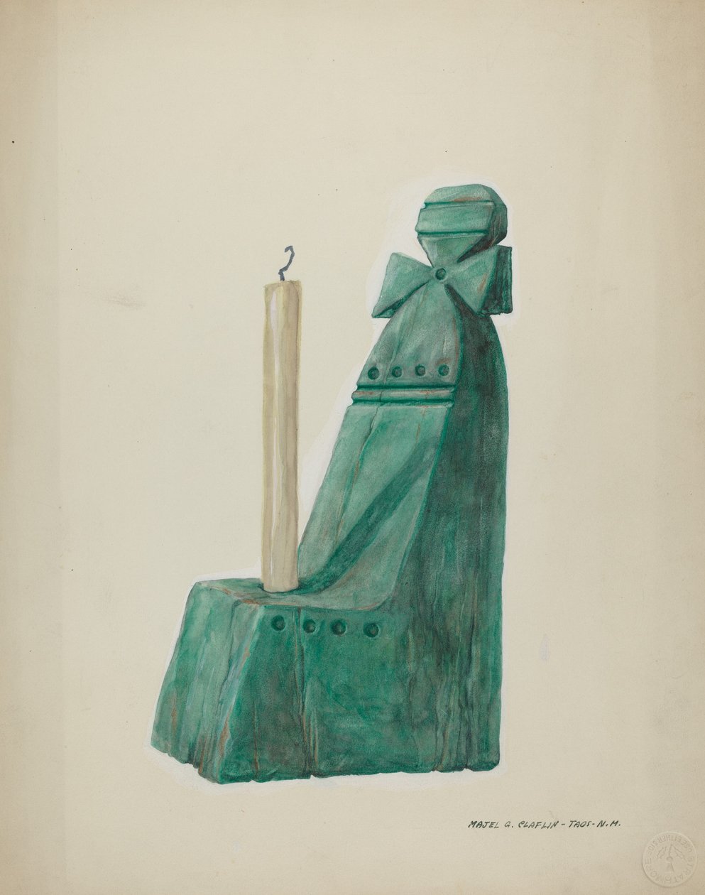 Festett fából készült gyertyatartó, hornyokkal és körökkel, c. 1937. alkotó: Majel G. Claflin