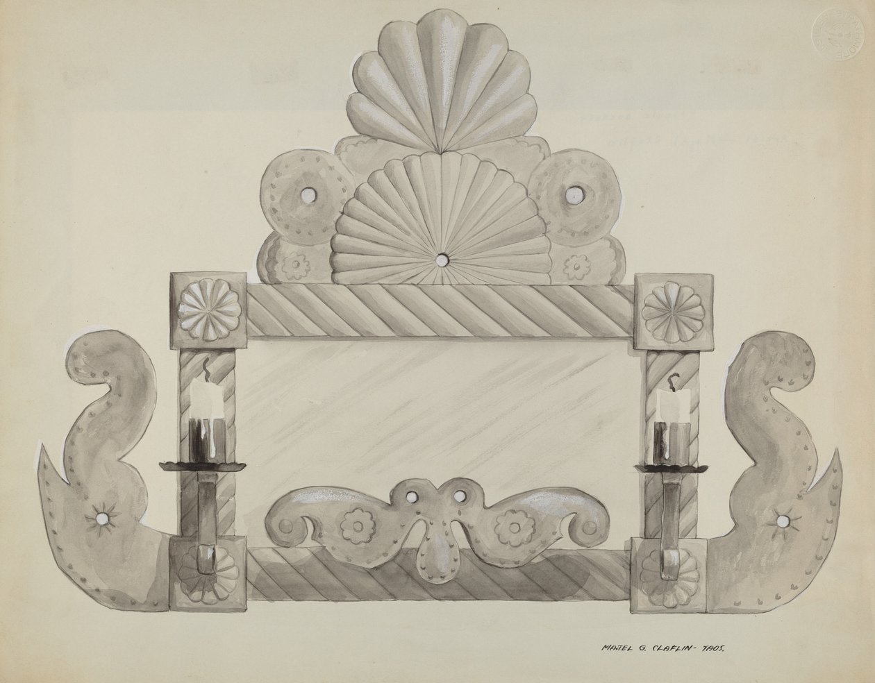 Ón tükörkeret 2 gyertyatartóval, c. 1937. alkotó: Majel G. Claflin