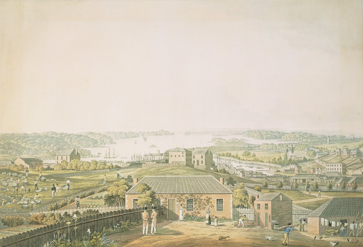 Port Jackson bejárata és Sydney városának egy része Új-Dél-Walesben, a panoráma bal oldali része, 1821 körül (akvatinta) alkotó: Major James Taylor