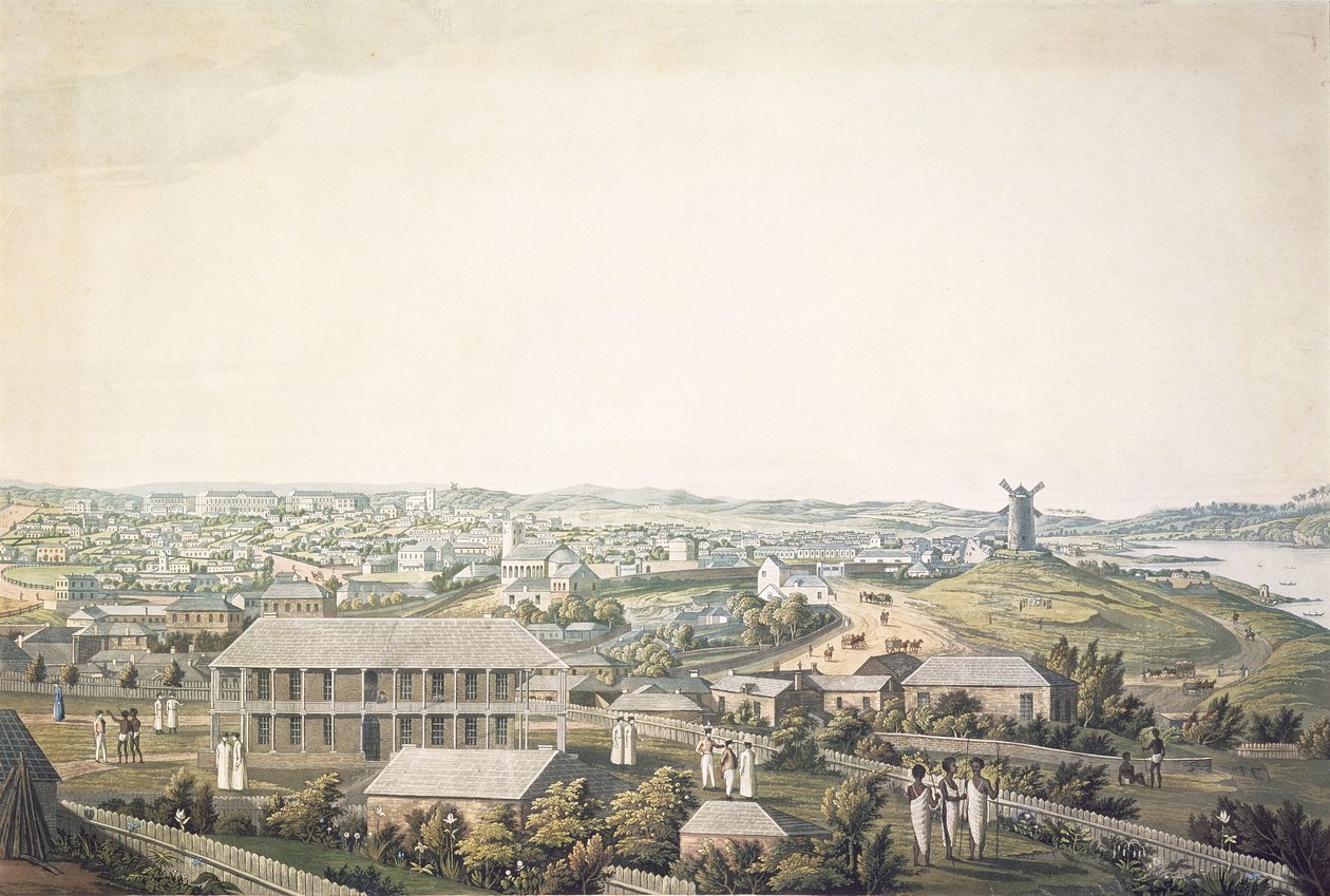 Sydney városa Új-Dél-Walesben, a panoráma központi része, 1821 körül (akvatinta) alkotó: Major James Taylor