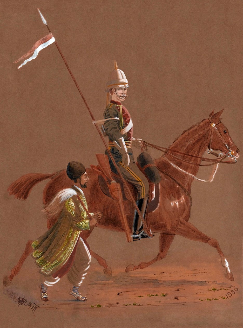 A 9. Lancers katona lovagol, egy afgán katonával fut a lova mellett alkotó: Major General R.G. Woodthorpe
