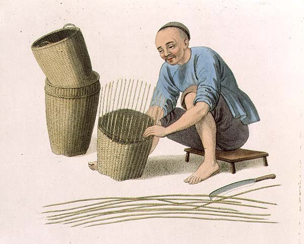 Egy kosárfonó, 49. tábla a "The Costumes of China" című kötetből, J. Dadley metszete. alkotó: Major George Henry Mason
