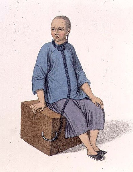 Egy ember egy nagy fatömbhöz rögzítve, 14. tábla a „Kína büntetéseiből”, J. Dadley metszet alkotó: Major George Henry Mason