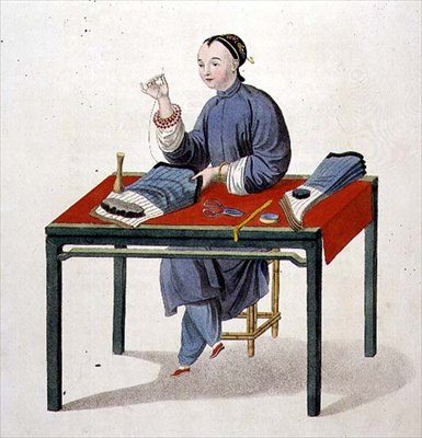 Harisnyát készítő nő, „The Costume of China” 3. tábla, J. Dadley metszet alkotó: Major George Henry Mason