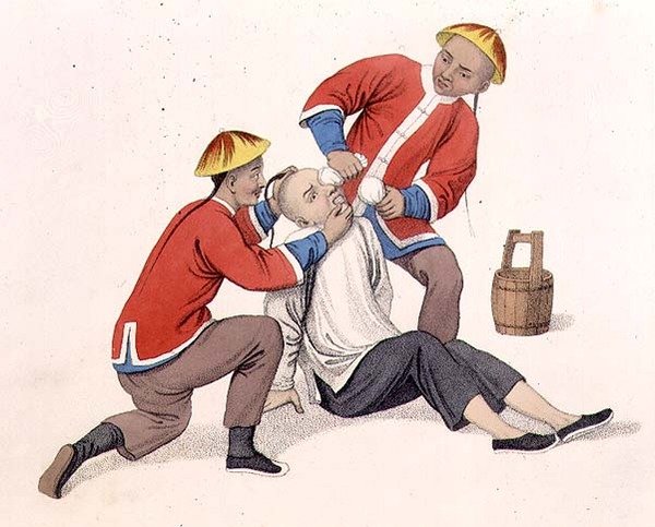 Férfi szemét mésszel égetve, 11. lemez a „Kína büntetéseiből”, J. Dadley metszet alkotó: Major George Henry Mason