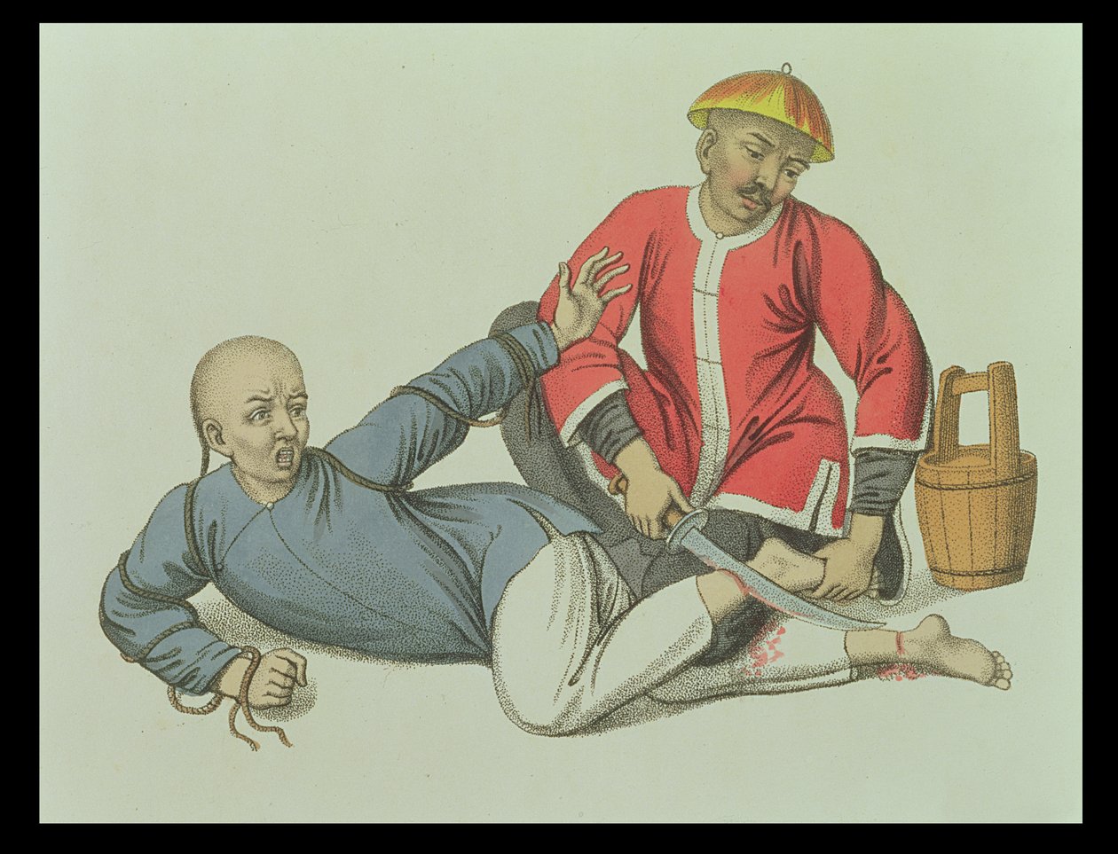 Hamstringing a Malefactor, 17. lemez a "The Punishments of China"-ból, metszett J. Dadley alkotó: Major George Henry Mason