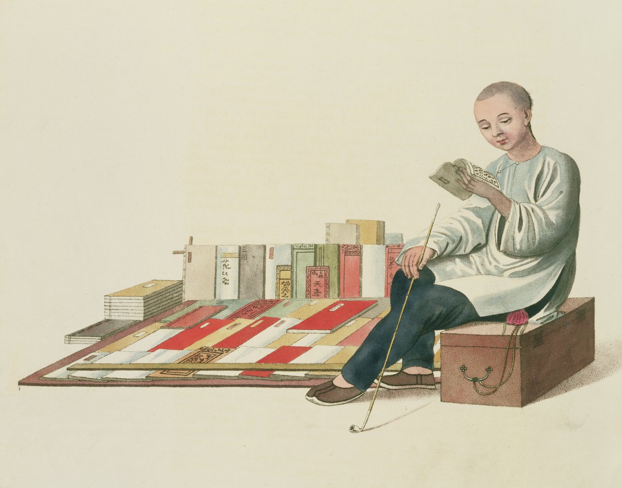 Egy könyvkereskedő, 6. tábla a "The Costume of China" című könyvből, metszet: J. Dadley, 1800. alkotó: Major George Henry Mason
