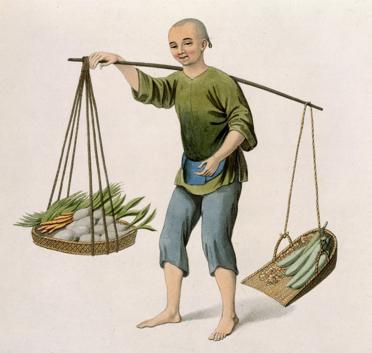 Egy fiú zöldségekkel, 54-es tábla a „Kína jelmezei”-ből, J. Dadley metszet, 1800 alkotó: Major George Henry Mason