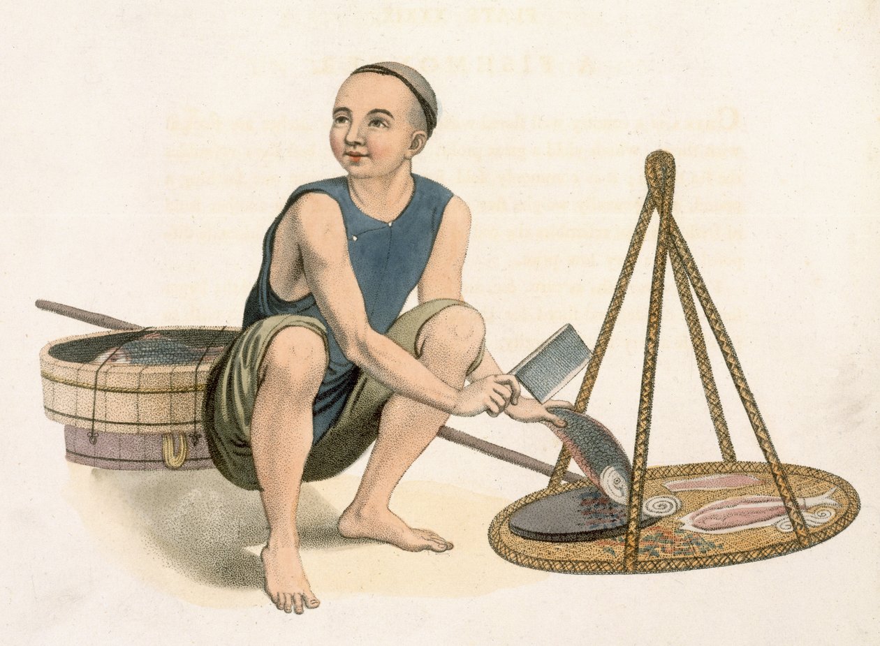 A Fishmonger, 39. tábla a "The Costumes of China" című könyvből, metszette J. Dadley, 1800. alkotó: Major George Henry Mason