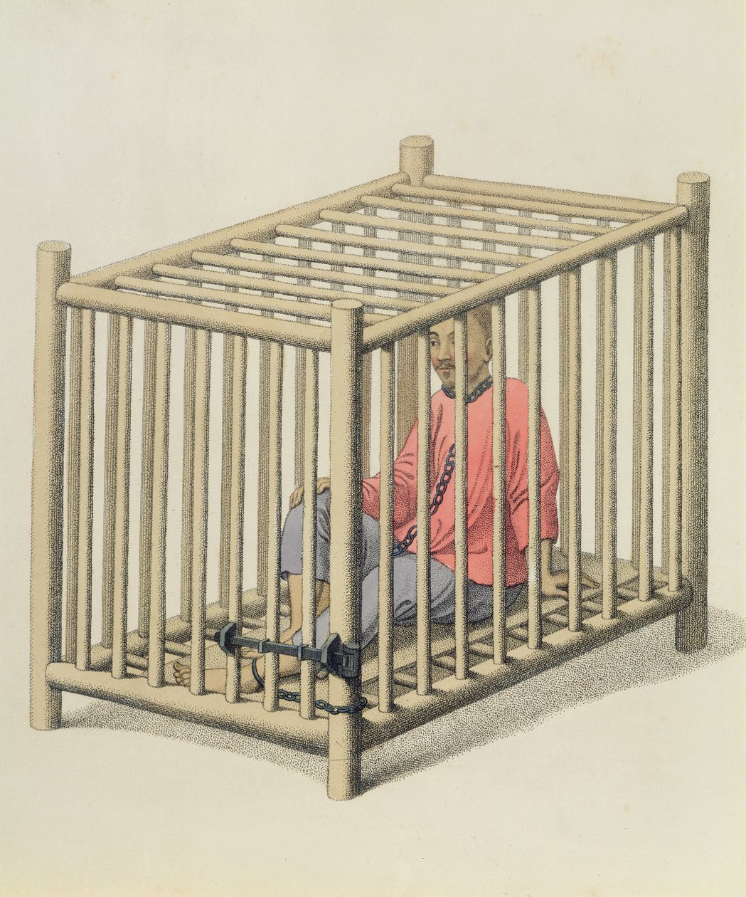 Egy gonosztevő ketrecben, 15. tábla a „Kína büntetéseiből”, J. Dadley metszet, 1804 alkotó: Major George Henry Mason