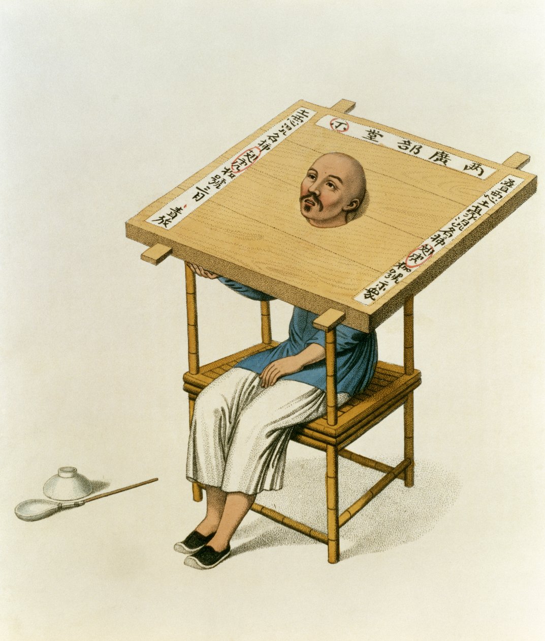 A fából készült nyakörv büntetése, 13. tábla a "The Punishments of China" című könyvből, metszette J. Dadley, 1804. alkotó: Major George Henry Mason