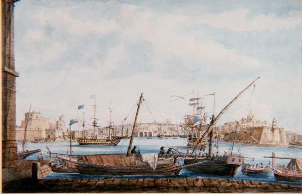A Gallia kikötőjének látképe Valetta felől, 1800 körül (ceruza és akvarell) alkotó: Major James of Tolcross Weir