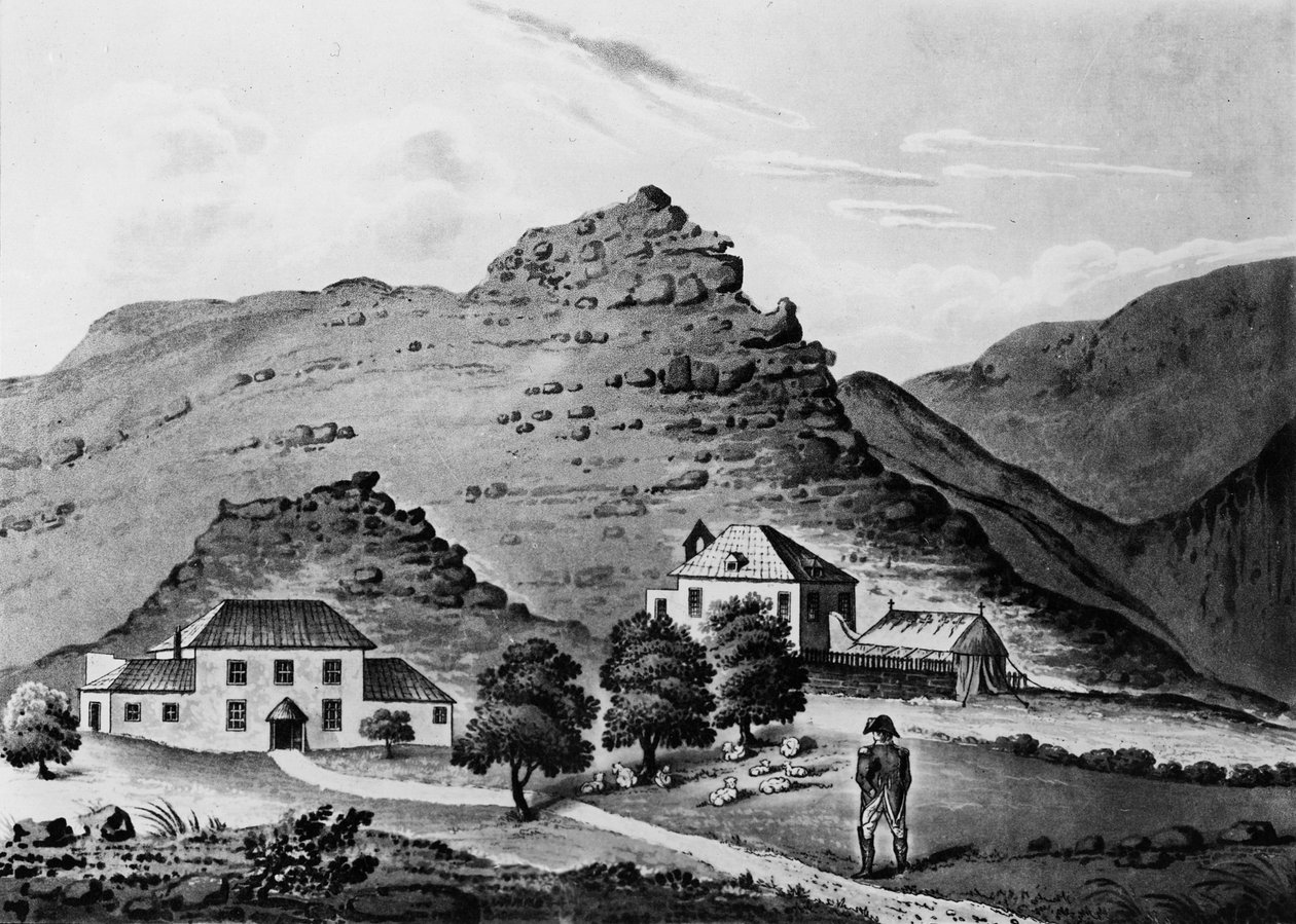 Napóleon szemben a „The Briars”-el, a Balcombe család otthonával, akik 1815. október 19. és 1816. december 10. között szállást biztosítottak Napóleonnak a St Helena-ban. alkotó: Major Ludovick Stewart