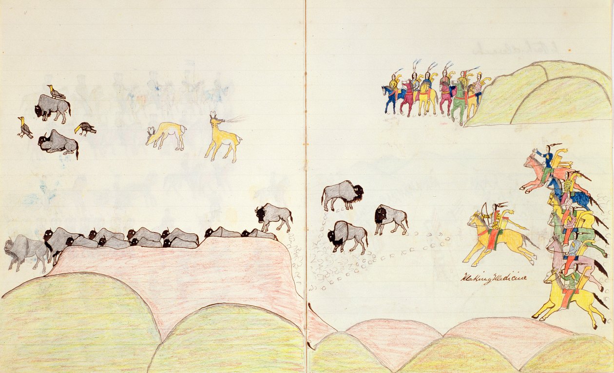 Indián Buffalo Hunt, egy vázlatkönyvből, amelyet Fort Marionban, St Augustine-ban, Floridában készítettek, 1877 alkotó: Making Medicine