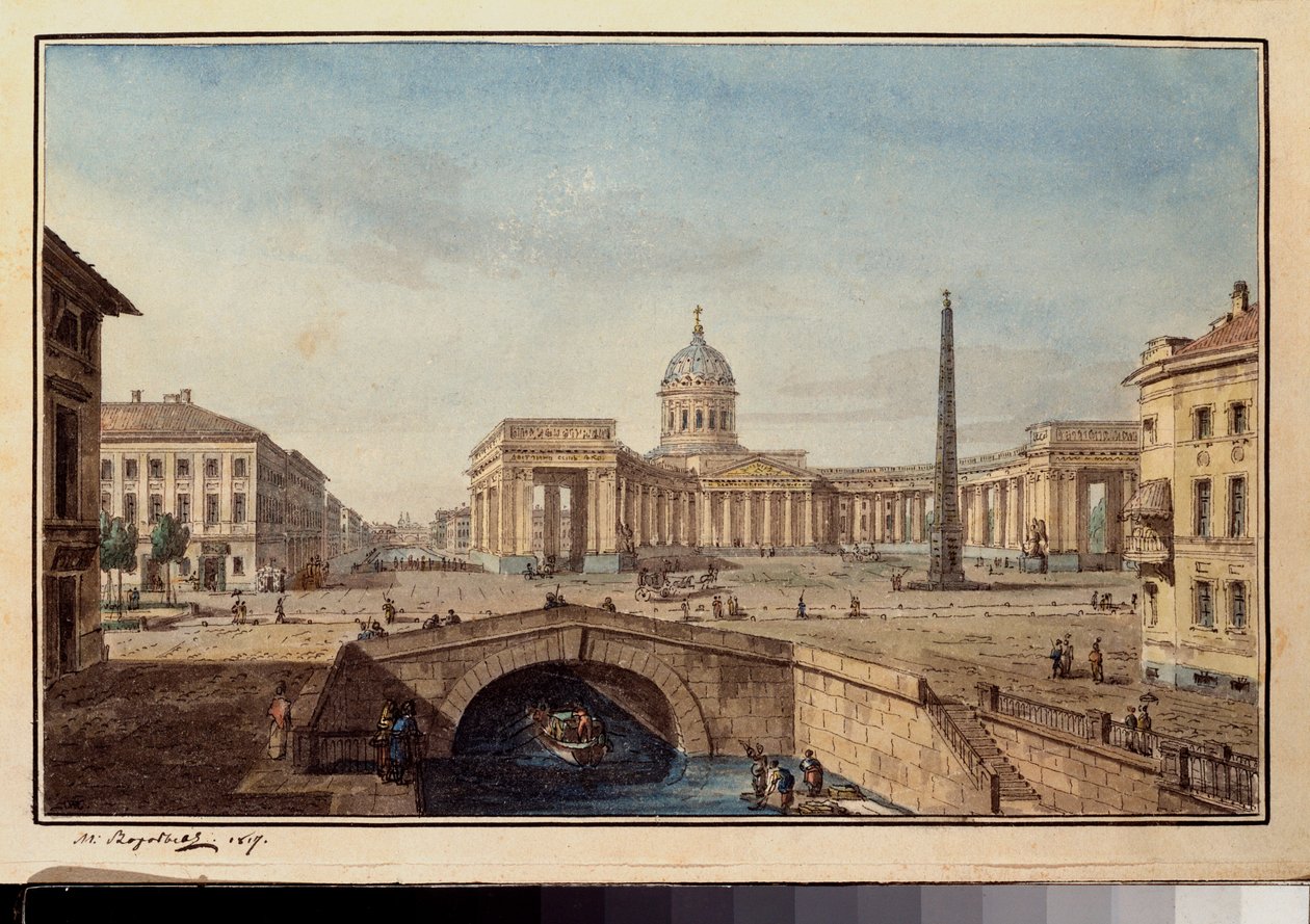 La cathedrale Kazan a Saint Petersburg (A kazanyi székesegyház Szentpéterváron) - Maxim Nikiphorovich Vorobyev (Vorobiev) (1787-1855) munkája, tus és akvarell papíron alkotó: Maksim Nikiforovich Vorobiev