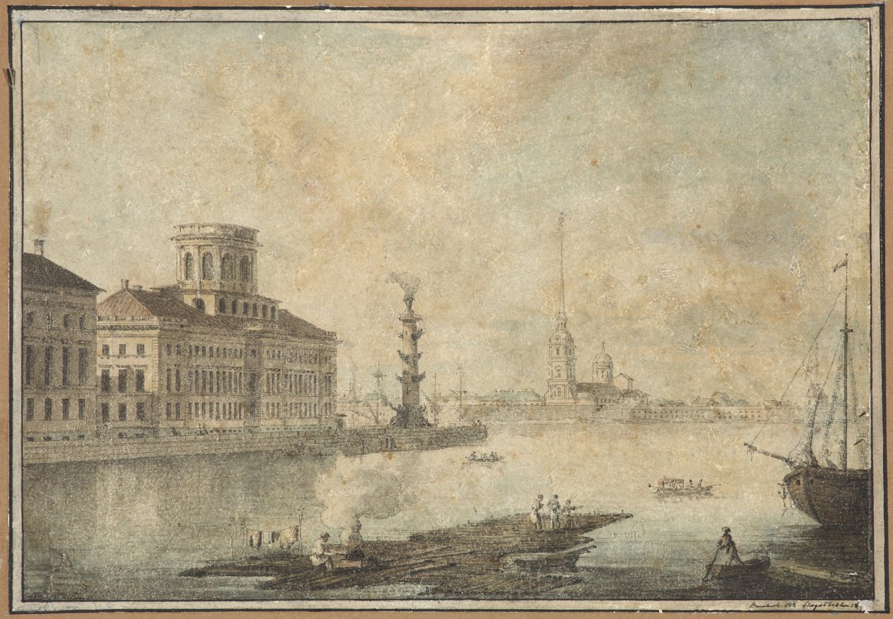 Kilátás a Névára és a Tudományos Akadémiára - Maxim Nikiphorovich Vorobyev (1787-1855). Toll, ecset, akvarell, tus papíron, 1820-as évek vége-1830-as évek eleje. Szentpétervár Állami Történeti Múzeuma alkotó: Maksim Nikiforovich Vorobiev