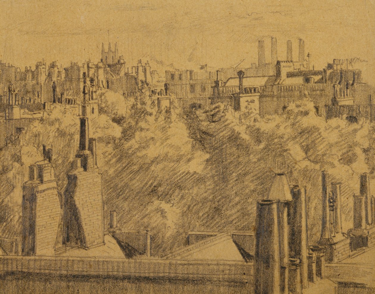 London Roofs, 1914 körül (grafit a kártyán lévő papíron) alkotó: Malcolm Drummond
