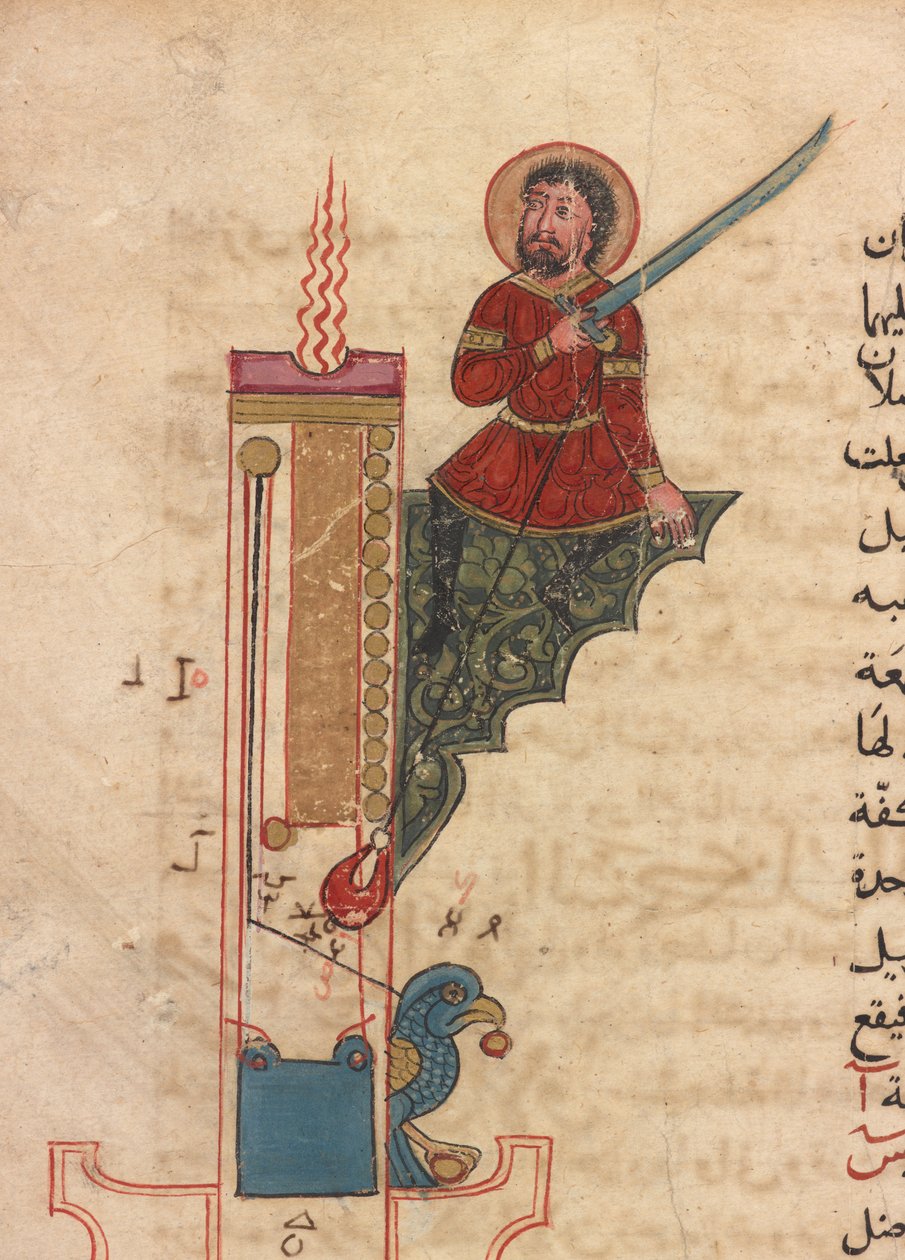 Gyertyás óra, fólió a Kitab fi ma`arifat al-hiyal al-handisaya-tól (A zseniális mechanikai eszközök ismeretének könyve) Al-Jazari (megh. 1206) automata (tinta, átlátszatlan akvarell és arany papíron) alkotó: Mamluk Sultanate school