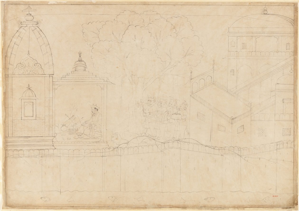 Indrajit felajánlásokat tesz: Folio a Lanka ostroma sorozatból, kb. 1725. alkotó: Manaku