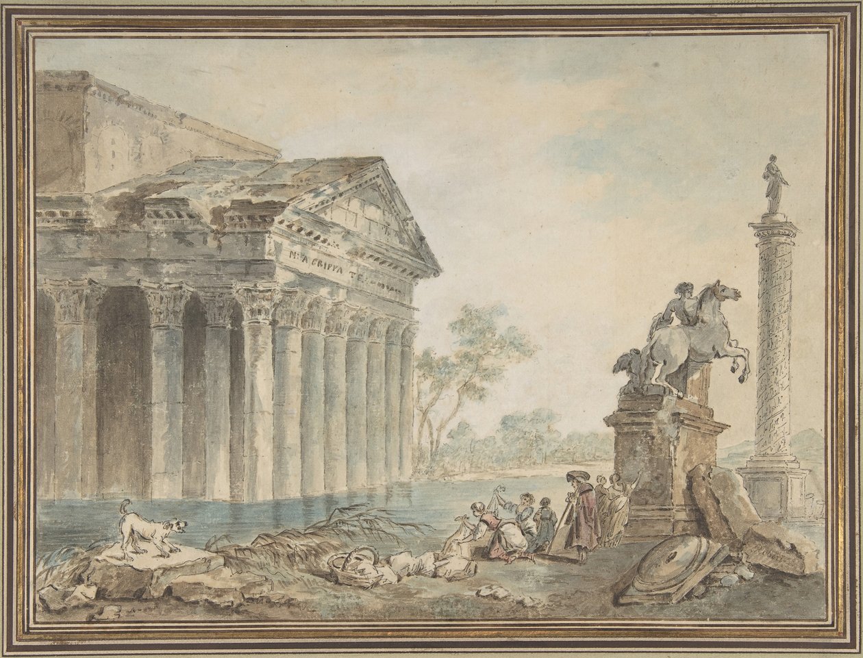 Építészeti Capriccio római emlékművekkel és mosónőkkel, n.d. alkotó: Manner of Hubert Robert