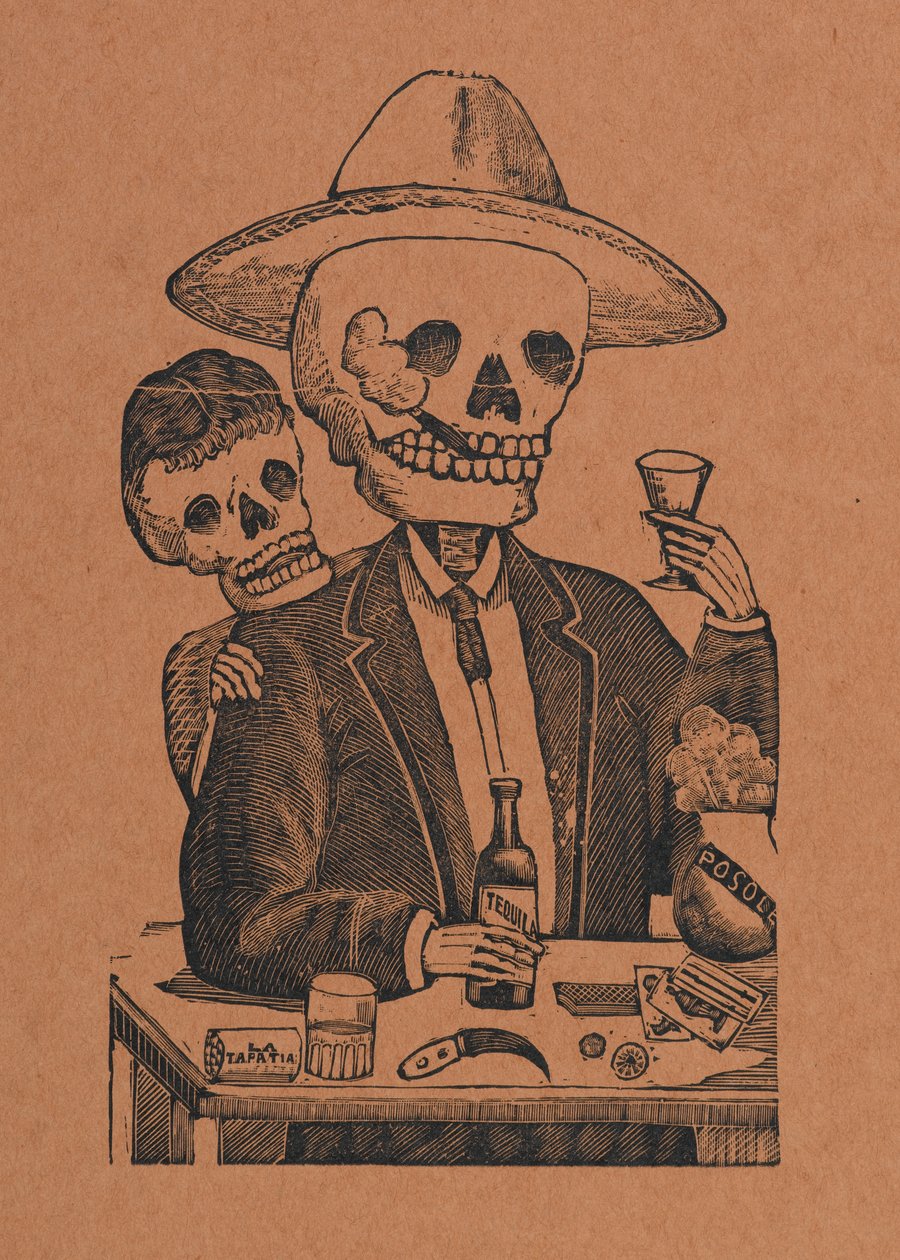Csontváz egy bárban, 330 Grabados Originalesből, Antonio Vanegas Arroyo (1850-1917), Mexikóváros, Mexikó (domborműves gravírozás) alkotó: Manuel Manilla