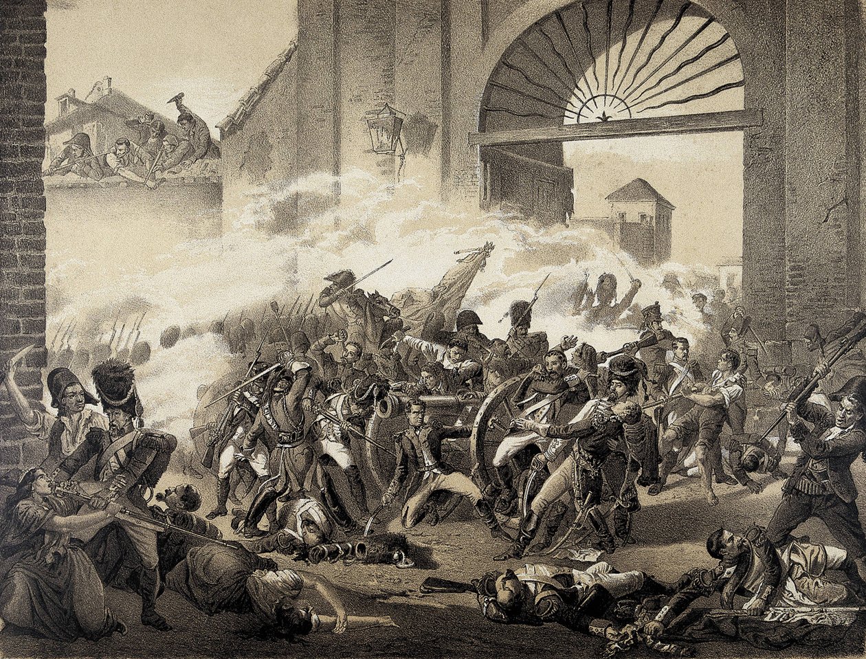 Espana. Guerra de Independecia (1808). Május második napja Madridban. Luis Daoiz halála a Monteleon park védelmében. Metszet Manuel Castellano festménye után. Litográfia. alkotó: Manuel (after) Castellano