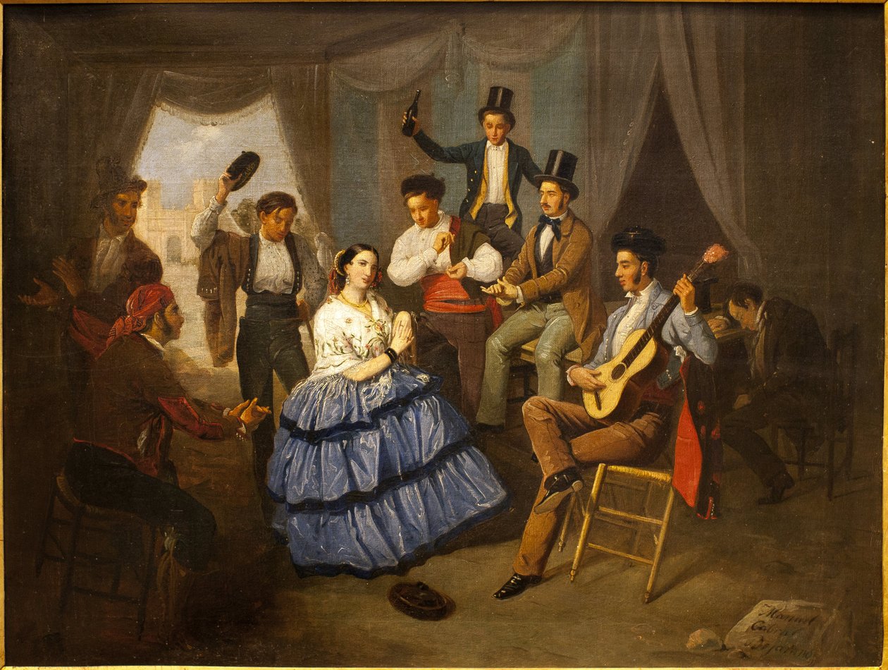 Táncosnő egy karneváli házban. Manuel Cabral Bejarano (1827-1891) festménye, olaj, vászon alkotó: Manuel Cabral y Aguado Bejarano