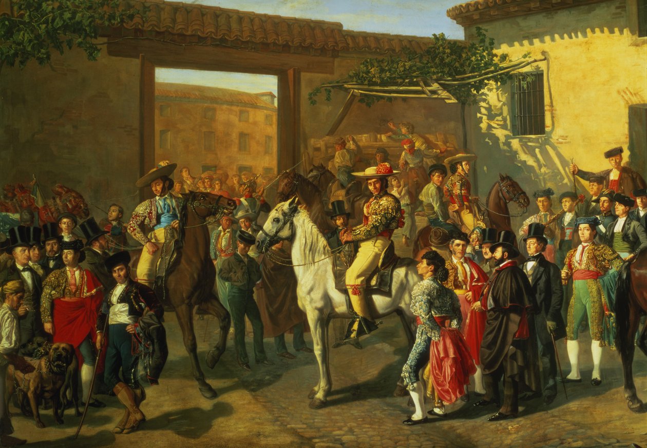 Lovak az udvarban a bikaviadal előtt a bikaviadal előtt, Madrid, 1853 (részlet) alkotó: Manuel Castellano