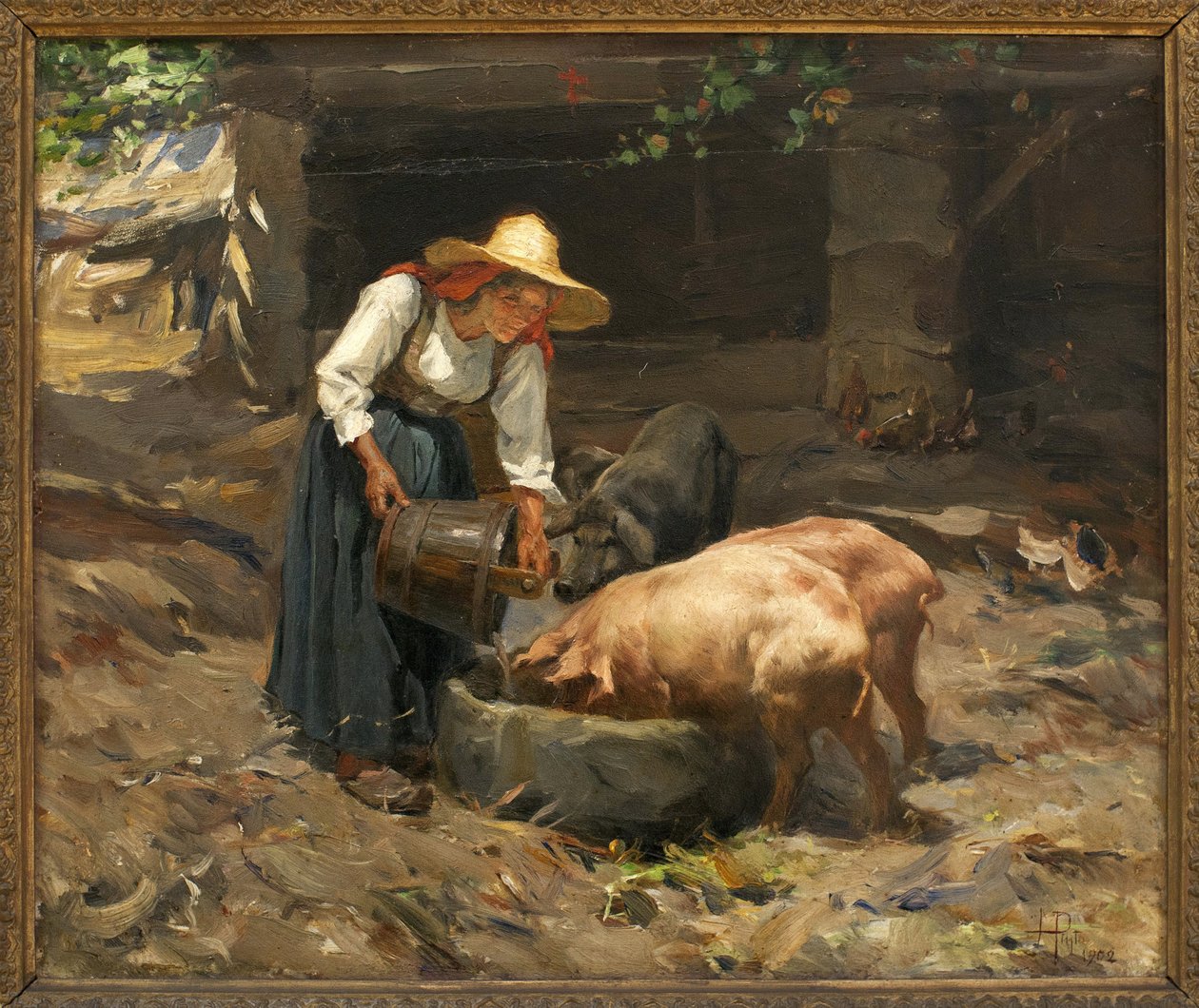 A disznók étkezése; Manuel Henrique Pinto (1853-1912) festménye, olaj, fa alkotó: Manuel Henrique Pinto