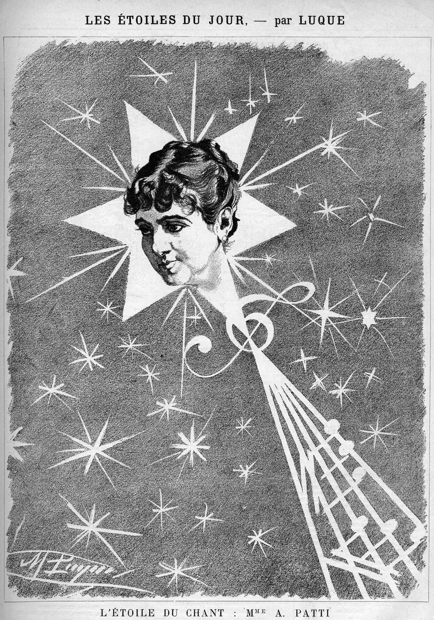 Adelina Patti (1843-1919) olasz énekesnő. „Az éneklés csillaga”, Manuel Luque karikaturista rajzfilmje. Az 1886-os „The Cartoon”-ban. alkotó: Manuel Luque