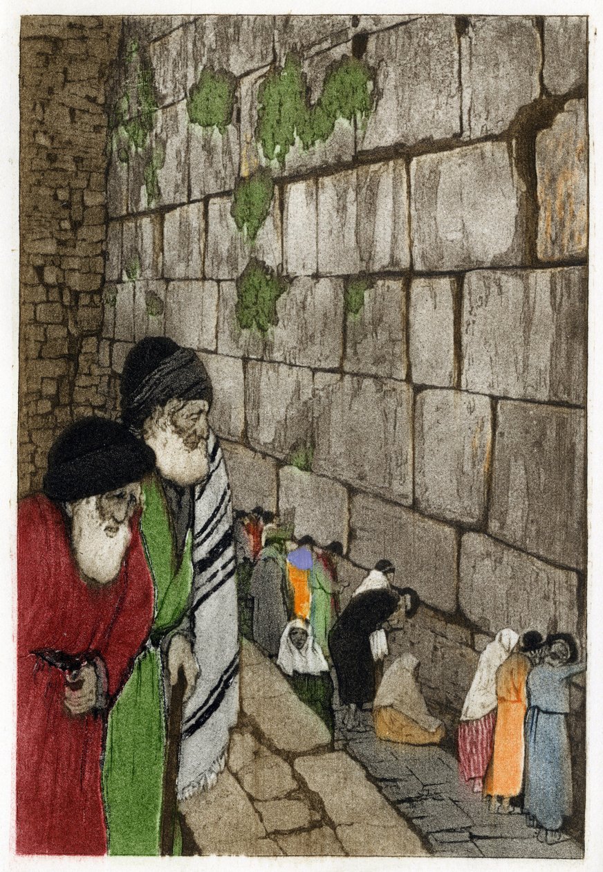 Zsidók a Siratófal előtt, amely a Salamon király által -950-ben épített jeruzsálemi templom egyetlen maradványa. Manuel Orazzi (1860-1934) metszet, „” L