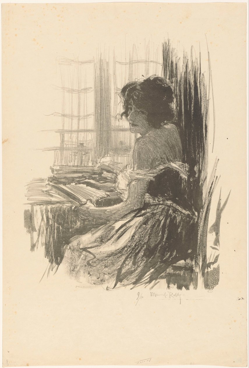 Az ablak előtti asztal mögött olvasó nő alkotó: Manuel Robbe (signed by artist)