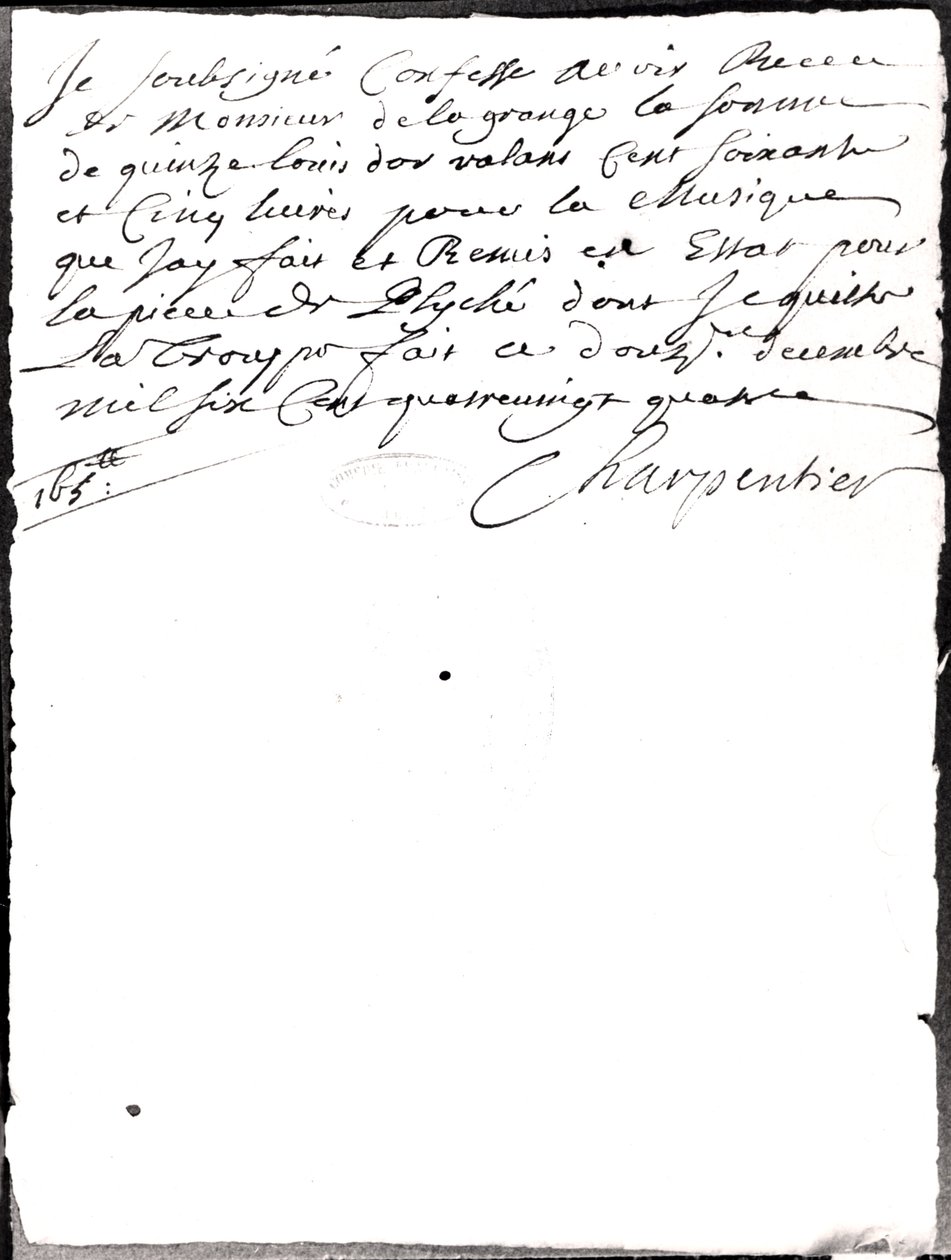 Levél a Charpentier által a Psyche számára komponált zenével kapcsolatban, Moliere (1622-73) 1684 (bw fotó) alkotó: Marc Antoine Charpentier