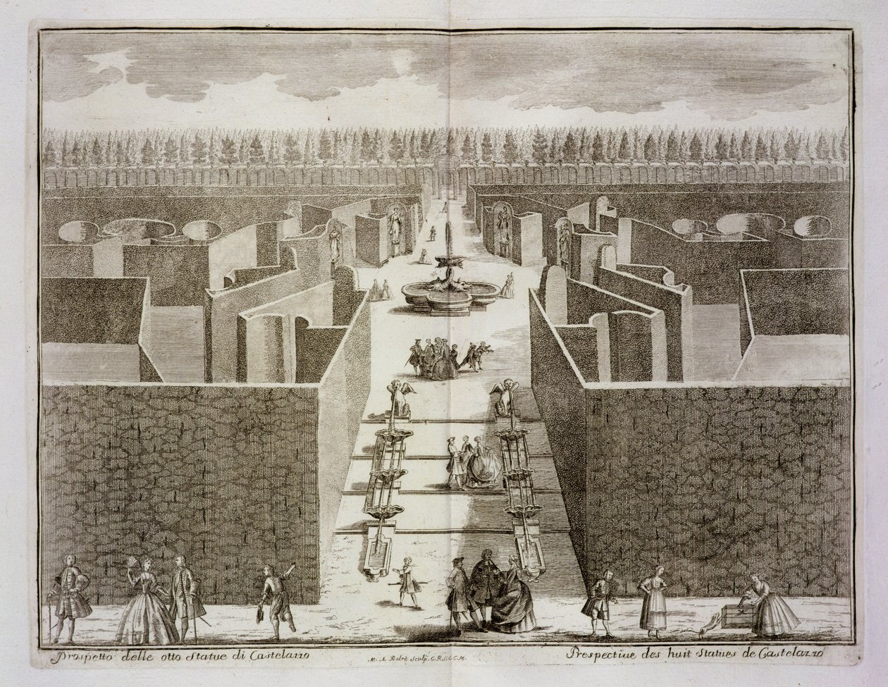 Castellazzo nyolc szobrának látképe a csúcsdíszes labirintusban, Domenico Felice Leonardi "A Villa Castellazzo örömei" című, 1743-ban kiadott művéből. alkotó: Marc